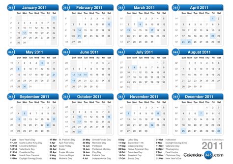 2011 monthly calendar with holidays.